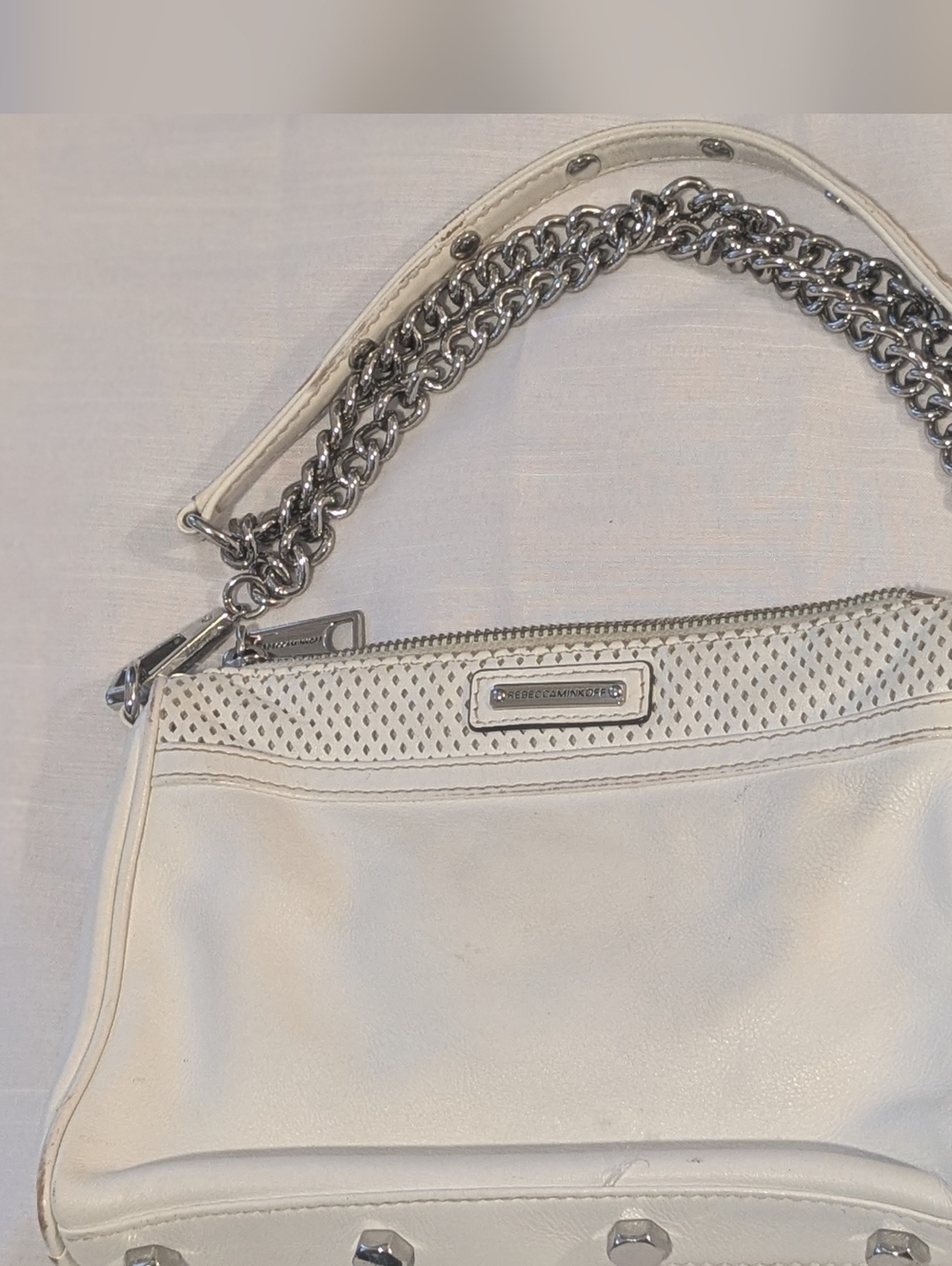 Rebecca Minkoff Mini M.A.C. crossbody bag with silver-tone chain hardware. 